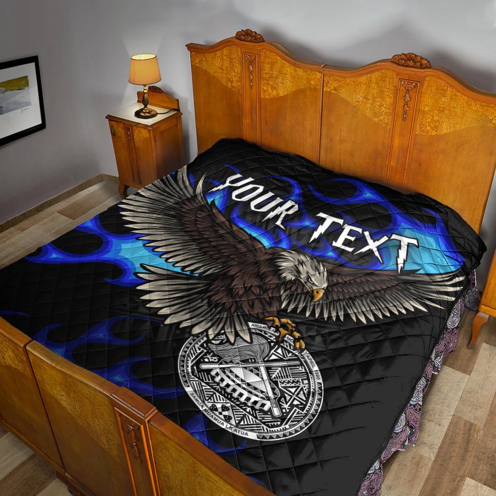 American Samoa Polynesian Custom Personalised Premium Quilt - Eagle With Flame Blue - Polynesian Pride