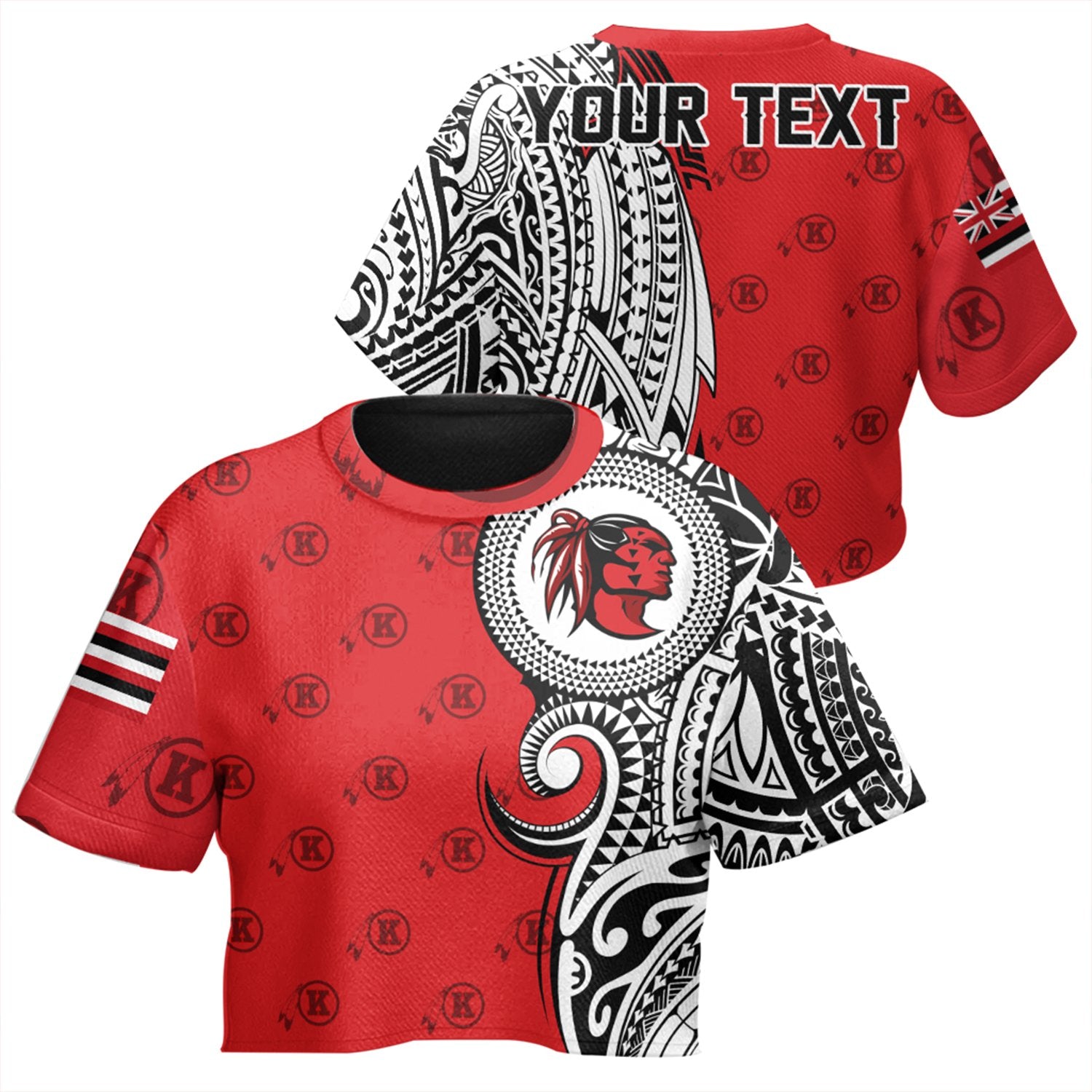 (Personalised) Hawaii - Kahuku High Tribal Kakau All - over Print Crop Top T-shirt AH Female Red - Polynesian Pride