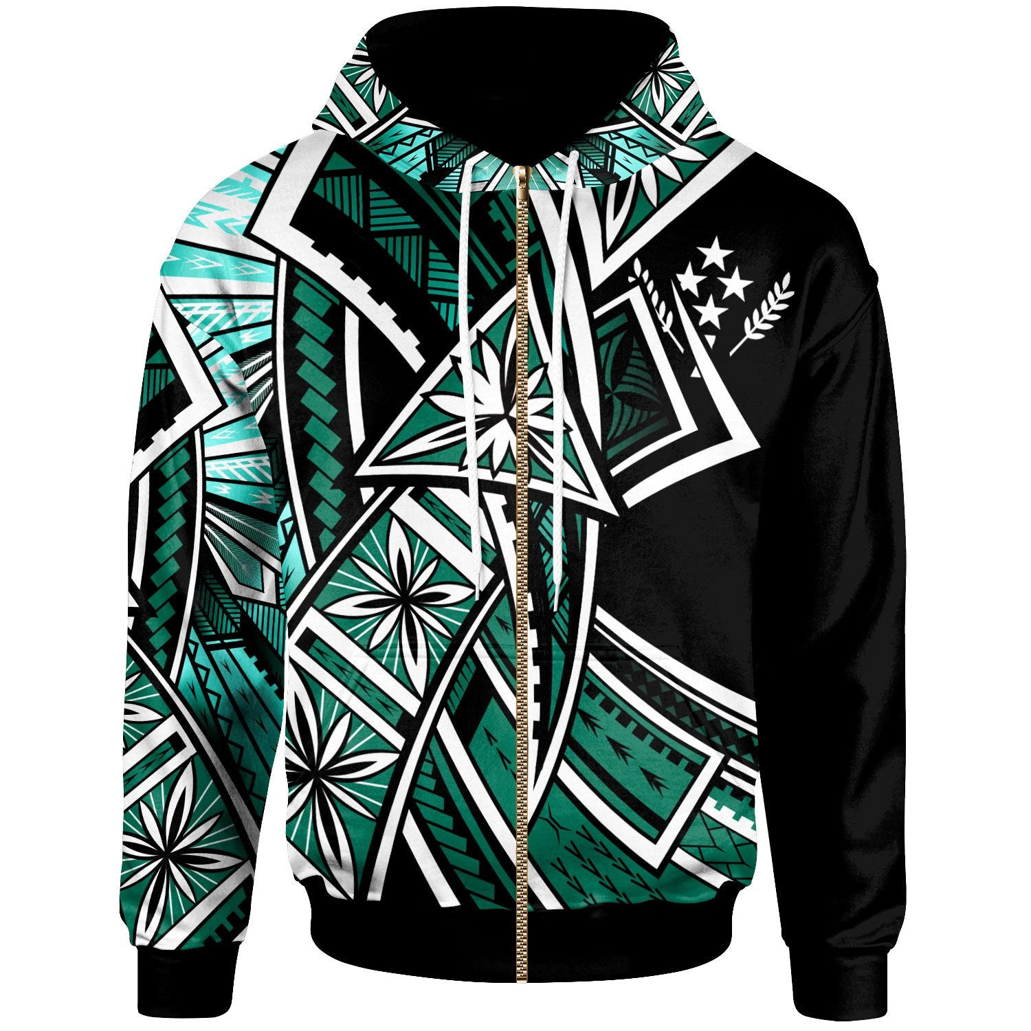 Kosrae Zip Hoodie Tribal Flower Special Pattern Green Color Unisex Green - Polynesian Pride