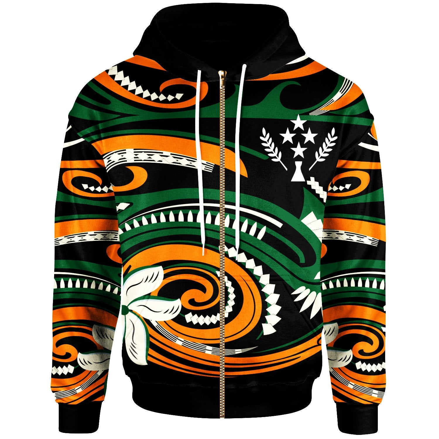 Kosrae Zip Hoodie Vortex Style Unisex Green Orange - Polynesian Pride