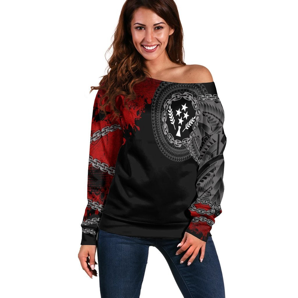 Kosrae Polynesian Women's Off Shoulder Sweater - Polynesian Chain Style Black - Polynesian Pride