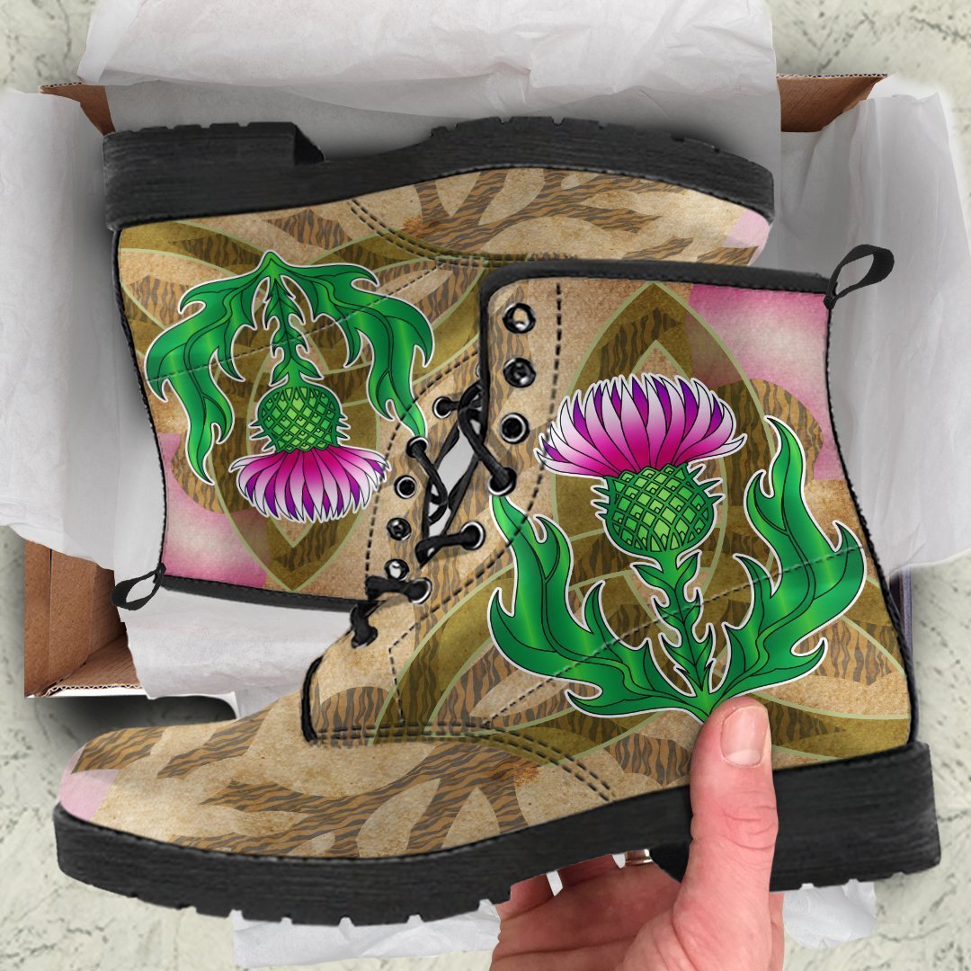 Scottish Leather Boots - Thistle Flowers Celtic Knot Vintage Style Nude - Polynesian Pride