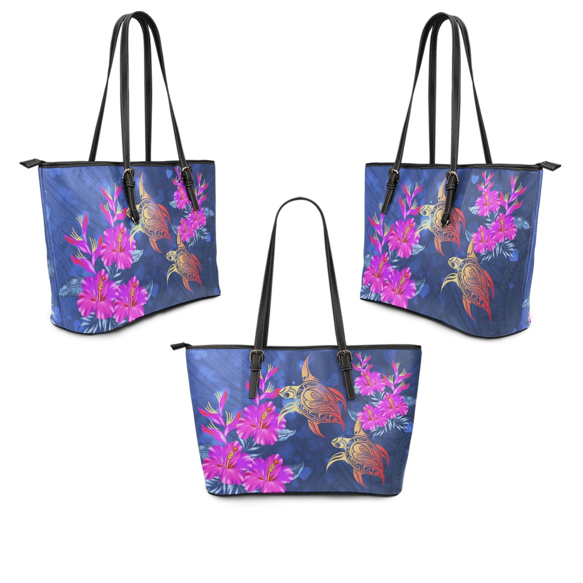 Hawaii Couple Turtle Hibiscus Valentine Leather Tote - Light Style - AH - Polynesian Pride