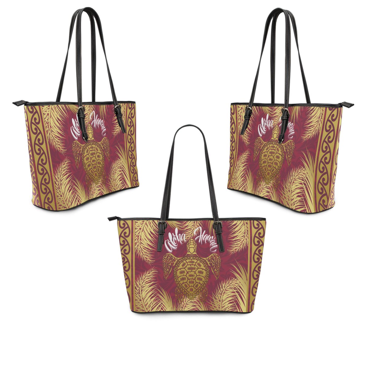Hawaii Turtle Gold Tropical Leaves Polynesian Leather Tote - Royal Style - AH - Polynesian Pride