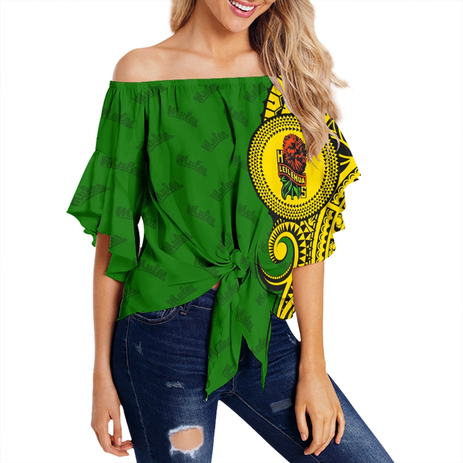 (Personalised) Hawaii - Leilehua High Tribal Kakau Off Shoulder Waist Wrap Top AH Female Green - Polynesian Pride