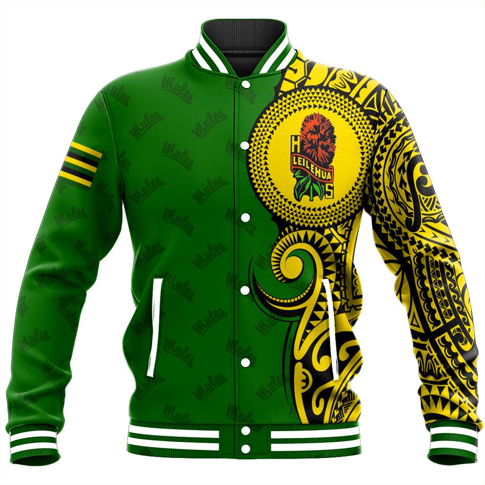 (Personalized) Hawaii Baseball Jacket - Leilehua High Tribal Kakau Baseball Jacket - AH Unisex Green - Polynesian Pride