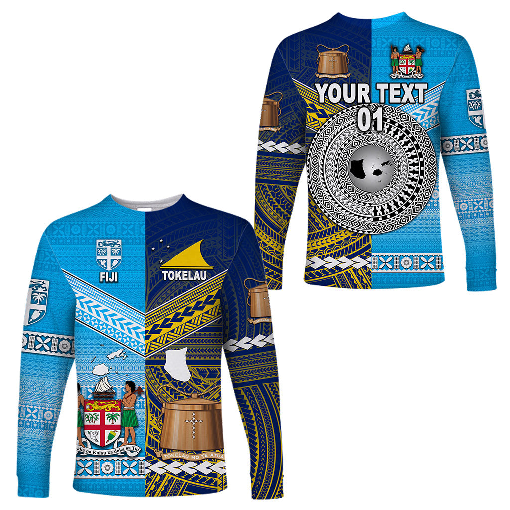 (Custom Personalised) Fiji and Tokelau Long Sleeve Shirts Together, Custom Text And Number LT8 Unisex Blue - Polynesian Pride
