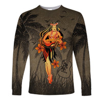 Hawaii Hula Girl Ukulele Plumeria Long Sleeve Shirts Unisex Brown - Polynesian Pride