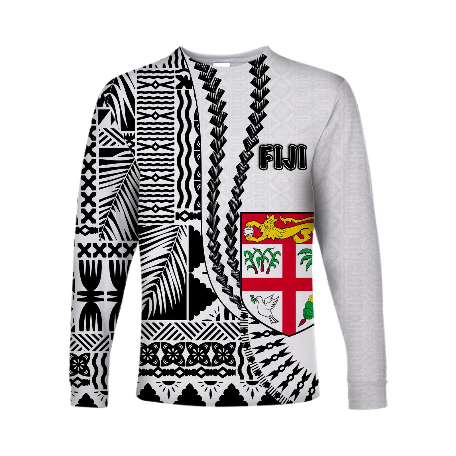 (Custom Personalised) Fiji Long Sleeve Shirt Masi Tapa Patterns White Style LT6 Unisex White - Polynesian Pride