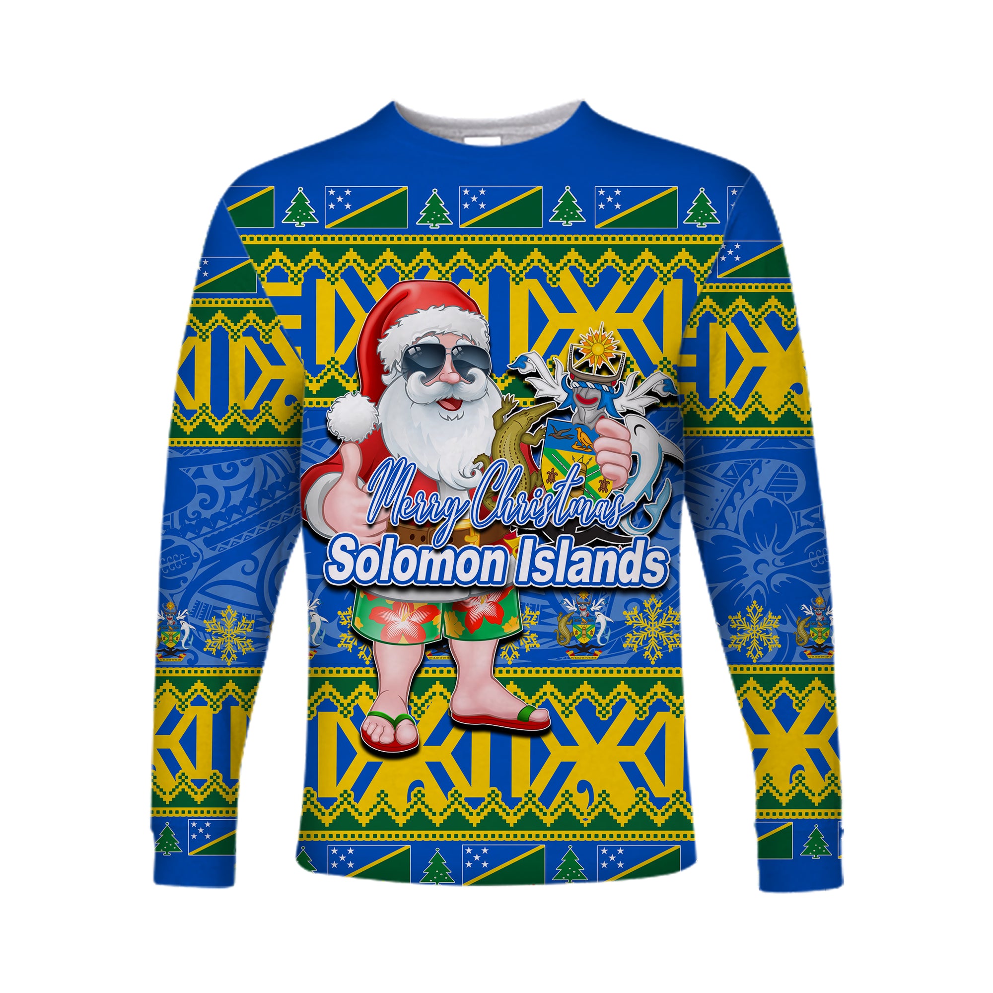 Solomon Islands Christmas Long Sleeve Shirt Cool Santa Claus LT6 Unisex Blue - Polynesian Pride