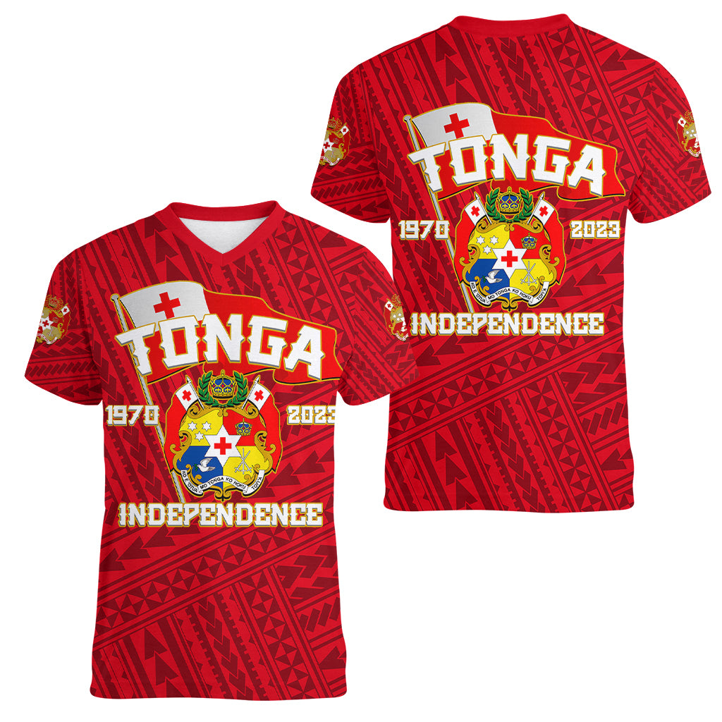 Tonga Independence Women V Neck T Shirt 2023 Red Style LT6 Female Red - Polynesian Pride