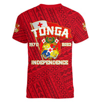 Tonga Independence Women V Neck T Shirt 2023 Red Style LT6 - Polynesian Pride