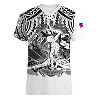 (Custom Personalised) Haiti Women V Neck T Shirt Polynesian Neg Maron White Style LT6 - Polynesian Pride
