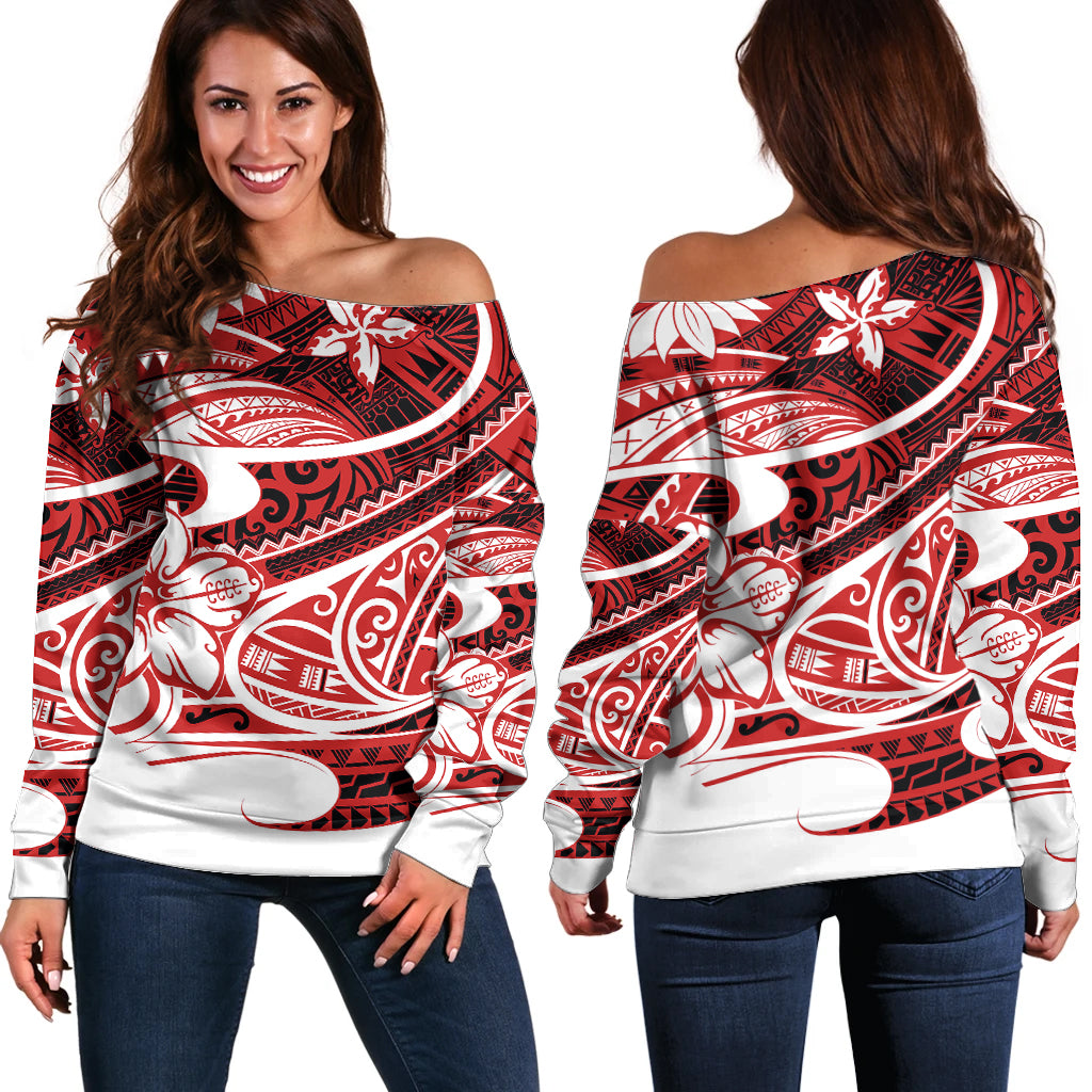 Polynesian Tribal Off Shoulder Sweater Red LT6 Women Red - Polynesian Pride