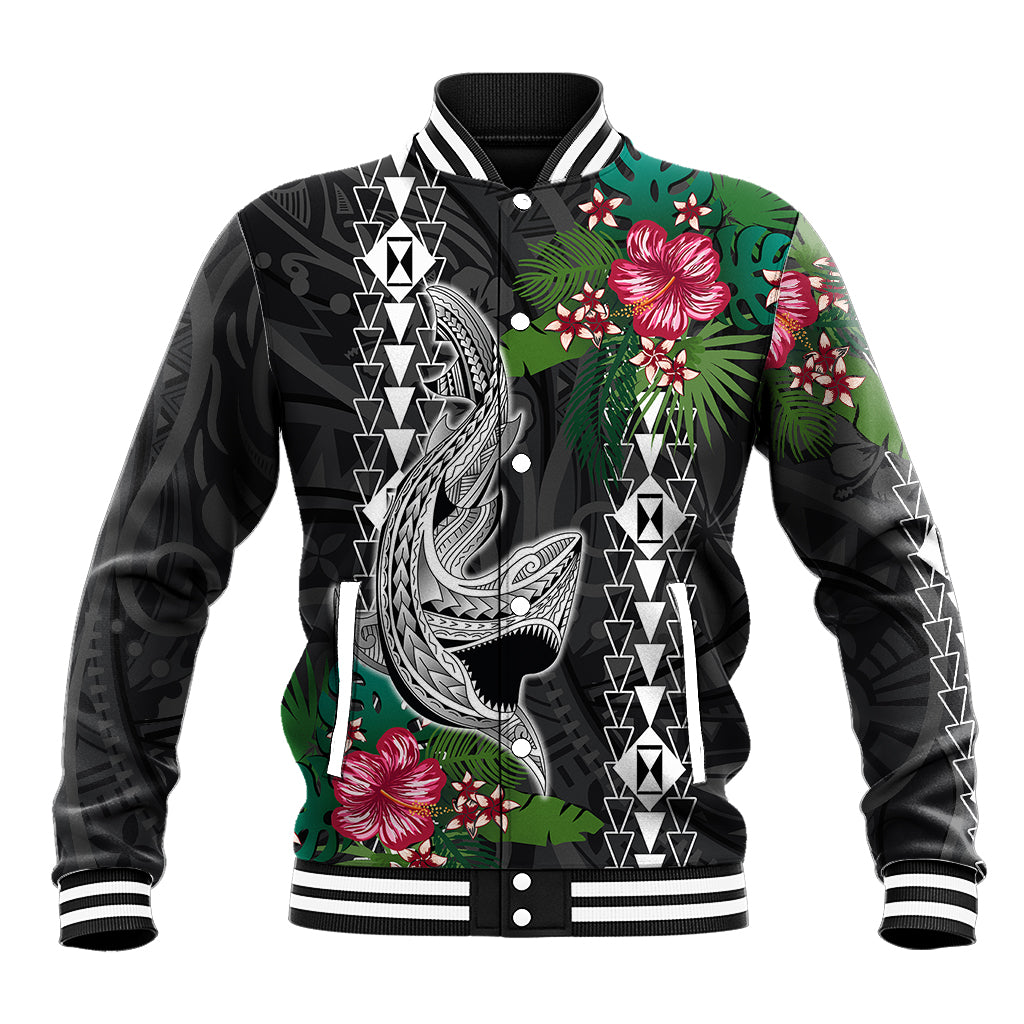 Hawaii Kakau Baseball Jacket Mix Sharks Polynesian Hibiscus LT6 Unisex Black - Polynesian Pride