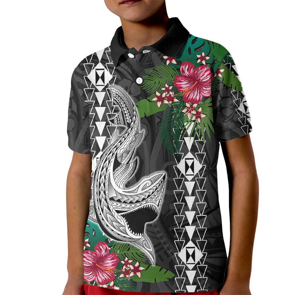 Hawaii Kakau Kid Polo Shirt Mix Sharks Polynesian Hibiscus LT6 Kid Black - Polynesian Pride