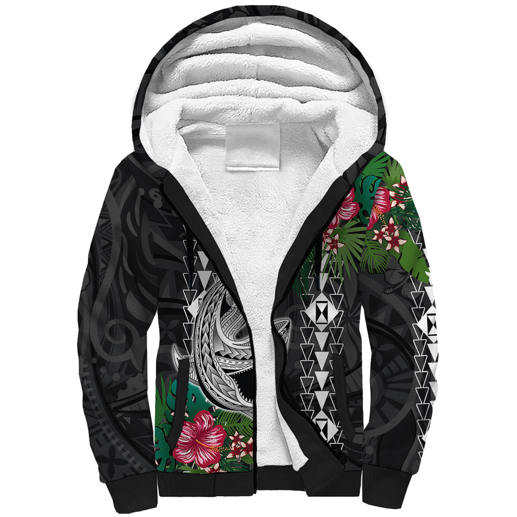 Hawaii Kakau Sherpa Hoodie Mix Sharks Polynesian Hibiscus LT6 Unisex Black - Polynesian Pride