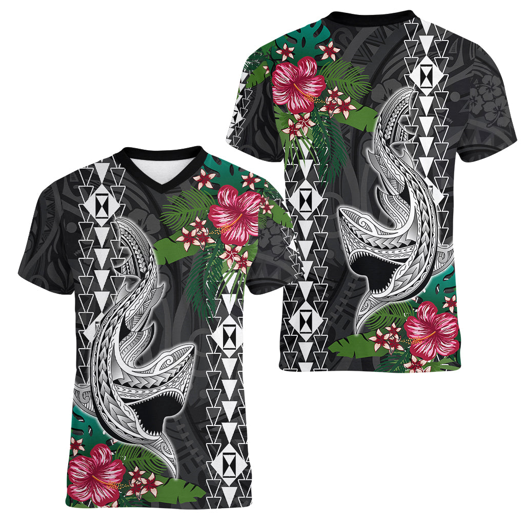 Hawaii Kakau Women V Neck T Shirt Mix Sharks Polynesian Hibiscus LT6 Female Black - Polynesian Pride