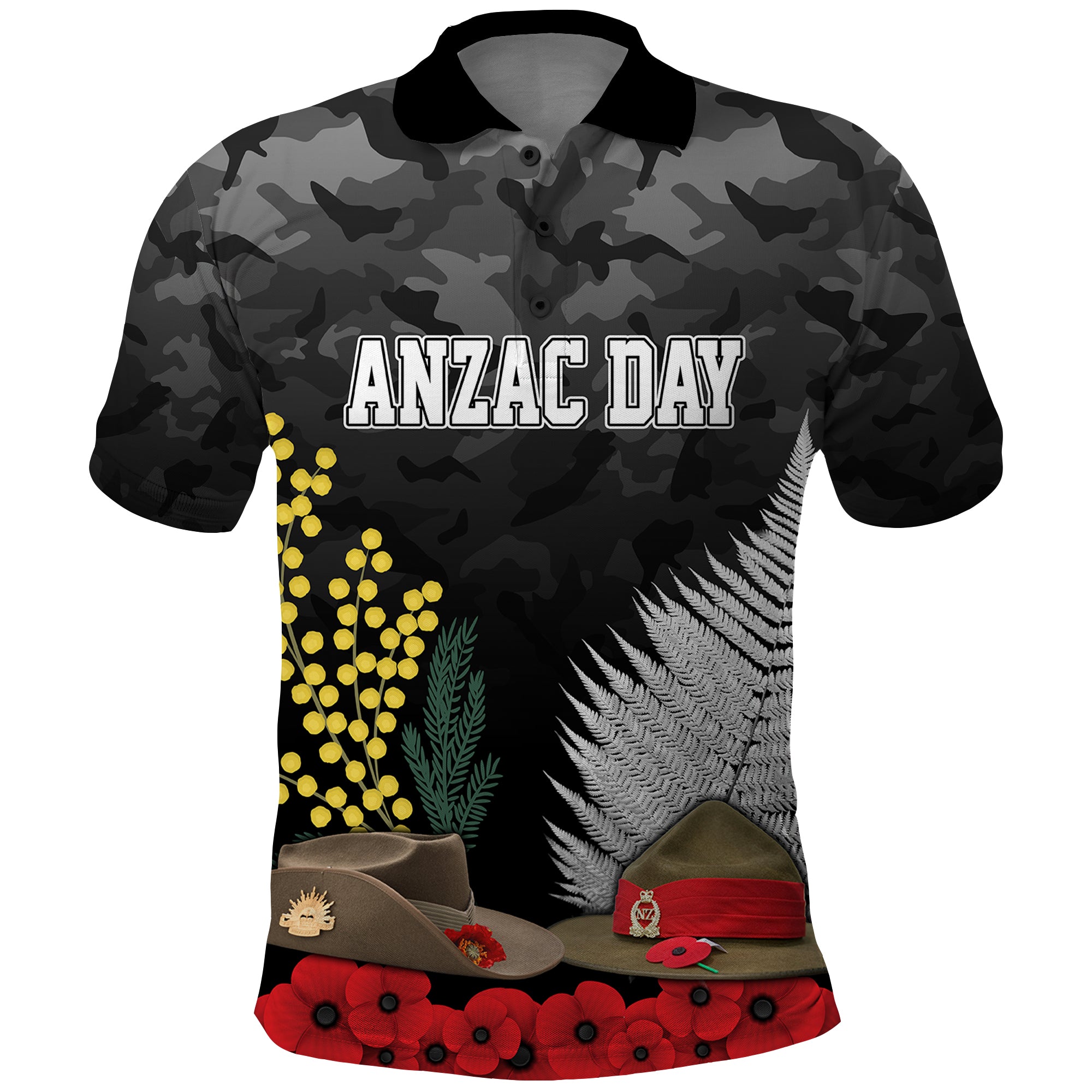 ANZAC DAY Polo Shirt Camo Style Slouch Hats Mix Silver Fern Golden Wattle LT7 Black - Polynesian Pride