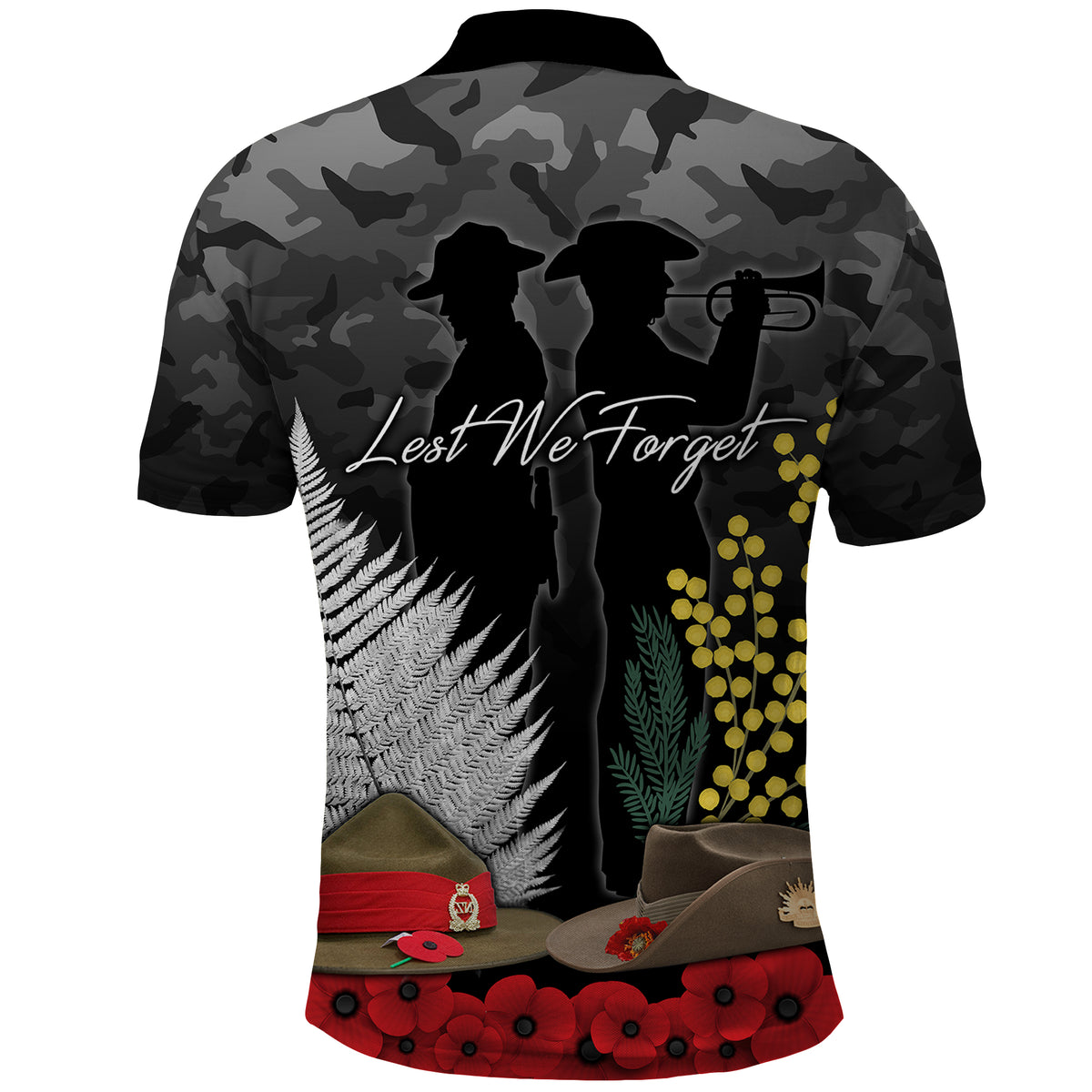 ANZAC DAY Polo Shirt Camo Style Slouch Hats Mix Silver Fern Golden Wattle LT7 - Polynesian Pride