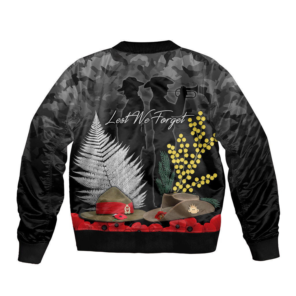 ANZAC DAY Sleeve Zip Bomber Jacket Camo Style - Slouch Hats Mix Silver Fern Golden Wattle LT7 - Polynesian Pride