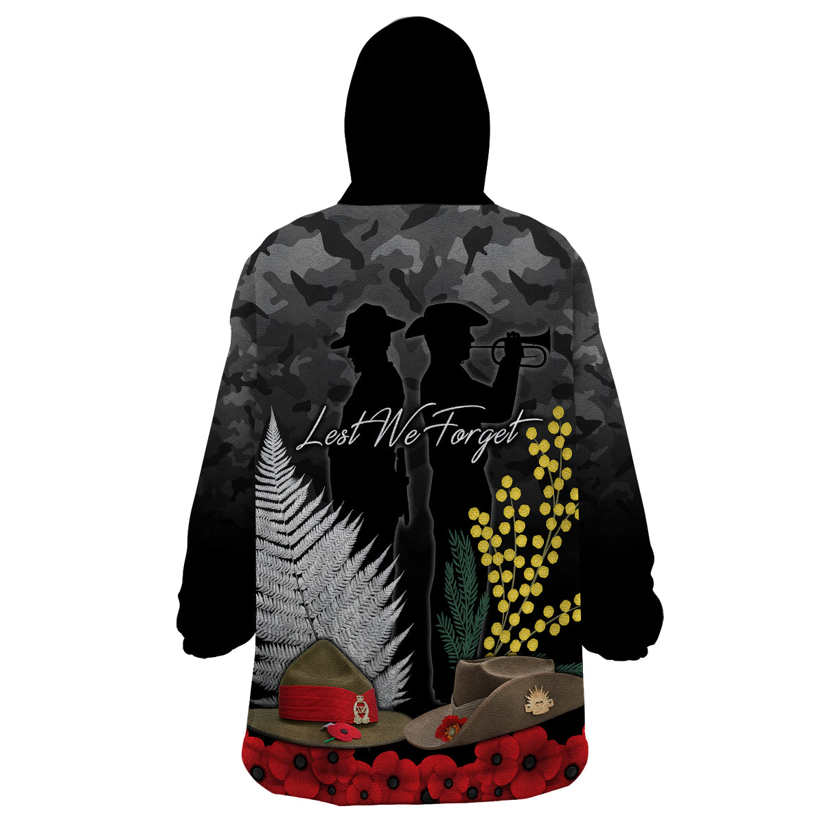ANZAC DAY Wearable Blanket Hoodie Camo Style - Slouch Hats Mix Silver Fern Golden Wattle LT7 - Polynesian Pride