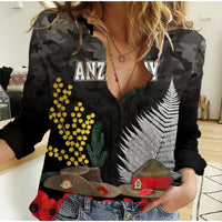 ANZAC DAY Women Casual Shirt Camo Style - Slouch Hats Mix Silver Fern Golden Wattle LT7 Female Black - Polynesian Pride