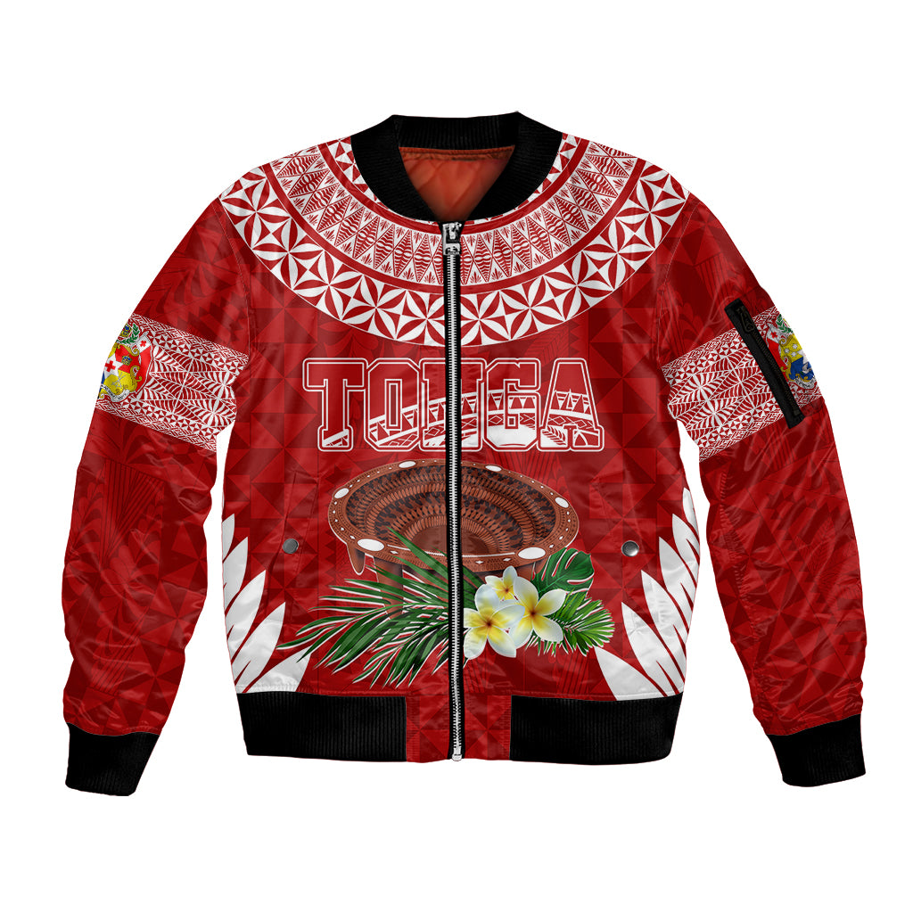 Personalised Tonga Independence Day Sleeve Zip Bomber Jacket Kumete Kava Bowl With Plumeria LT7 Unisex Red - Polynesian Pride