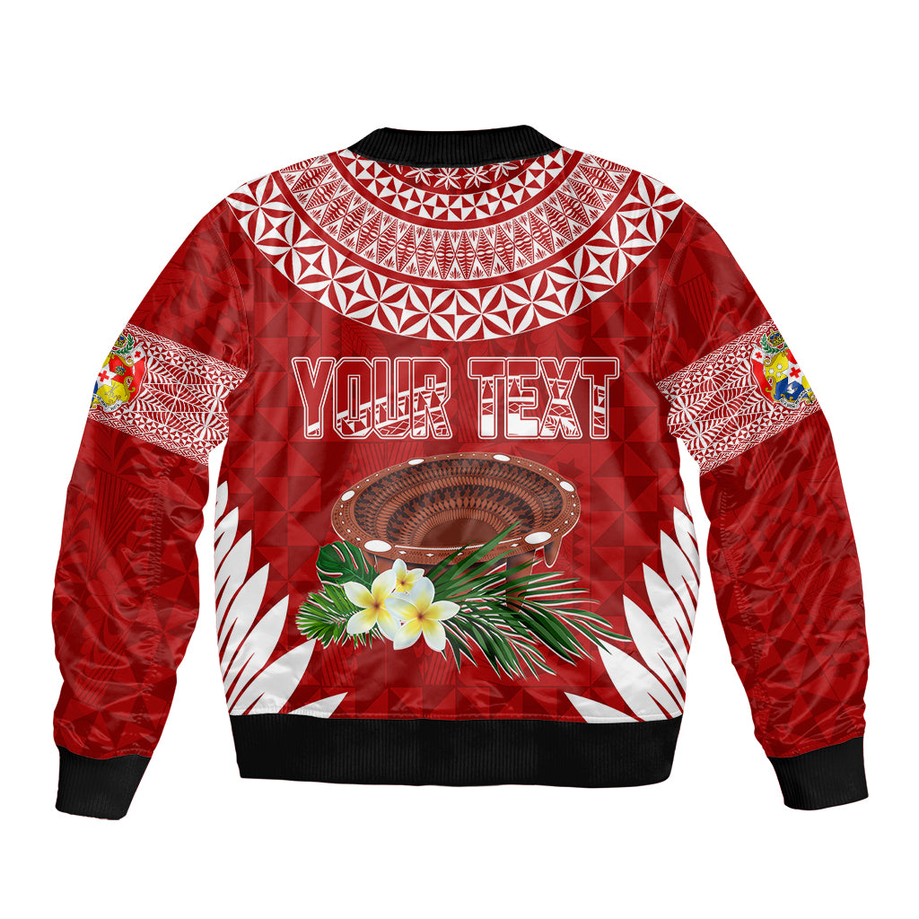 Personalised Tonga Independence Day Sleeve Zip Bomber Jacket Kumete Kava Bowl With Plumeria LT7 - Polynesian Pride