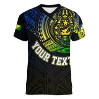 Personalised Vanuatu Women V Neck T Shirt Turtle Chest Tattoo Flag Color - Malampa LT7 - Polynesian Pride