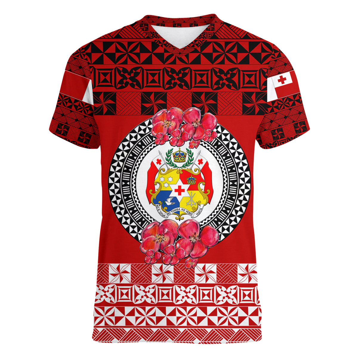 (Custom Personalised) Tonga Emancipation Day Women V Neck T Shirt Independence Day - Simple Ngatu Heilala Flower - Red LT8 - Polynesian Pride