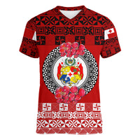 (Custom Personalised) Tonga Emancipation Day Women V Neck T Shirt Independence Day - Simple Ngatu Heilala Flower - Red LT8 - Polynesian Pride