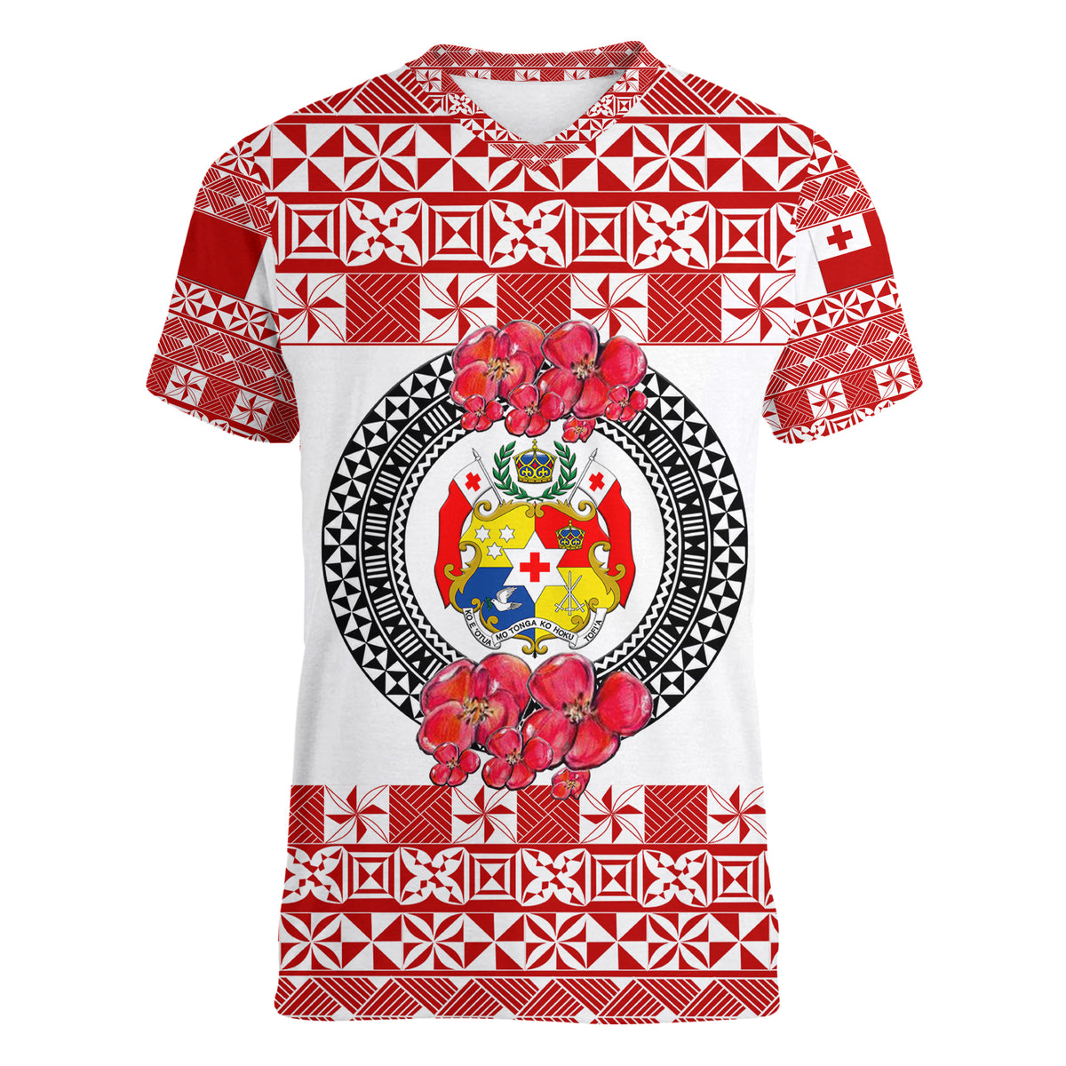 (Custom Personalised) Tonga Emancipation Day Women V Neck T Shirt Independence Day - Simple Ngatu Heilala Flower - White Red LT8 - Polynesian Pride