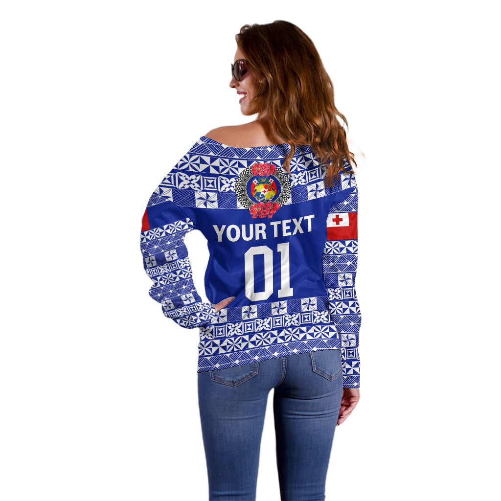 (Custom Personalised) Tonga Emancipation Day Off Shoulder Sweater Independence Day - Simple Ngatu Heilala Flower - Blue LT8 - Polynesian Pride