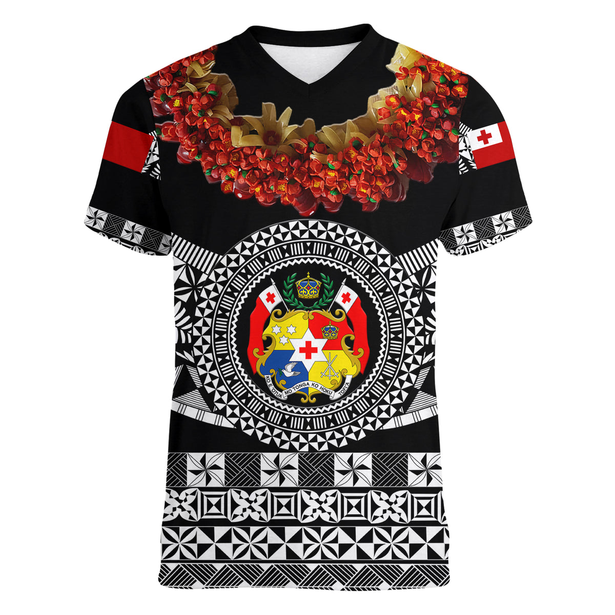 (Custom Personalised) Tonga Emancipation Day Women V Neck T Shirt Independence Day - Fancy Kahoa Heilala Flower - Black LT8 - Polynesian Pride