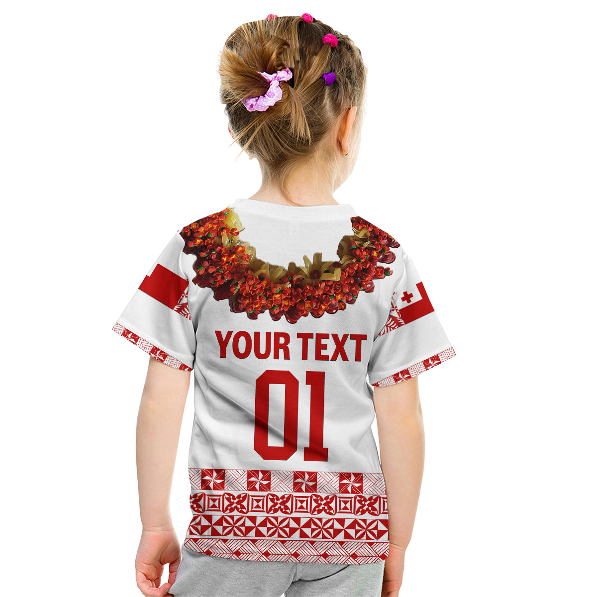 (Custom Personalised) Tonga Emancipation Day Kid T Shirt Independence Day - Fancy Kahoa Heilala Flower - White Red LT8 - Polynesian Pride
