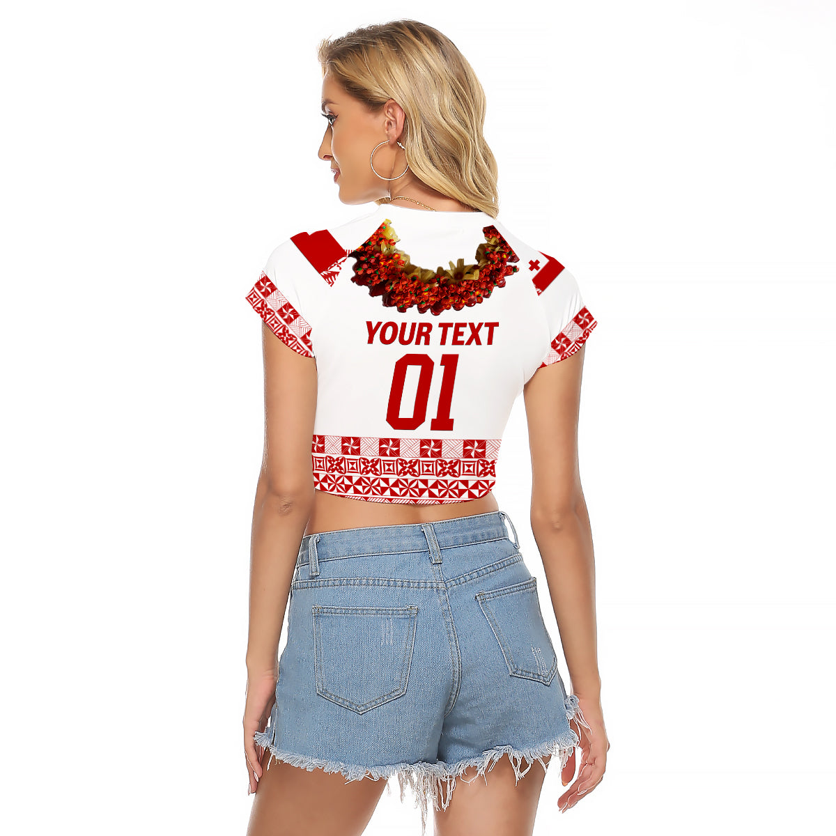 (Custom Personalised) Tonga Emancipation Day Raglan Cropped T Shirt Independence Day - Fancy Kahoa Heilala Flower - White Red LT8 - Polynesian Pride