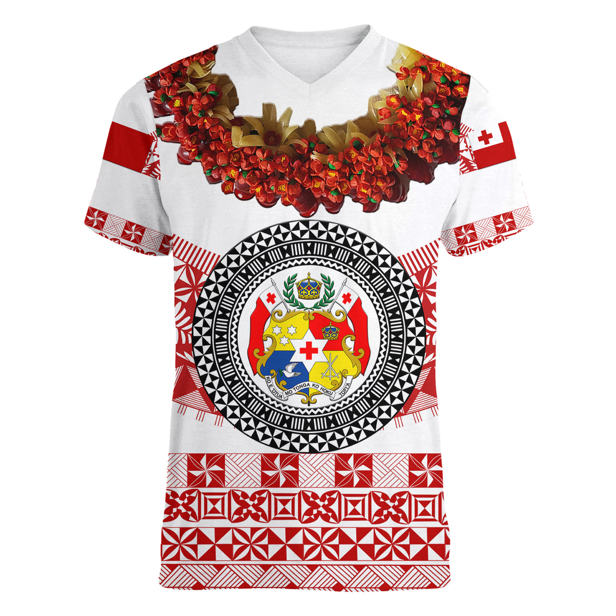 (Custom Personalised) Tonga Emancipation Day Women V Neck T Shirt Independence Day - Fancy Kahoa Heilala Flower - White Red LT8 - Polynesian Pride