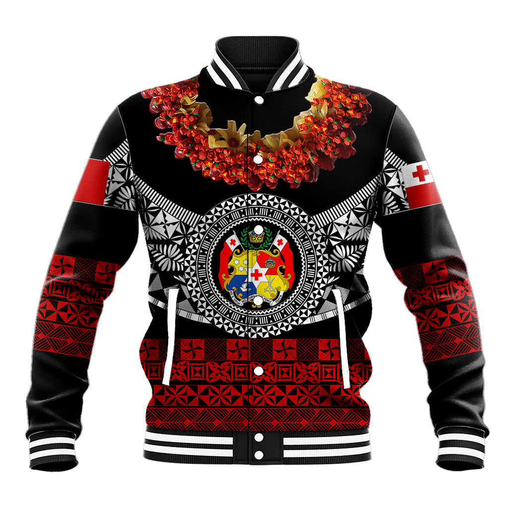 (Custom Personalised) Tonga Emancipation Day Baseball Jacket Independence Day - Fancy Kahoa Heilala Flower - Black Red LT8 Unisex Black - Polynesian Pride