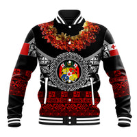 (Custom Personalised) Tonga Emancipation Day Baseball Jacket Independence Day - Fancy Kahoa Heilala Flower - Black Red LT8 Unisex Black - Polynesian Pride