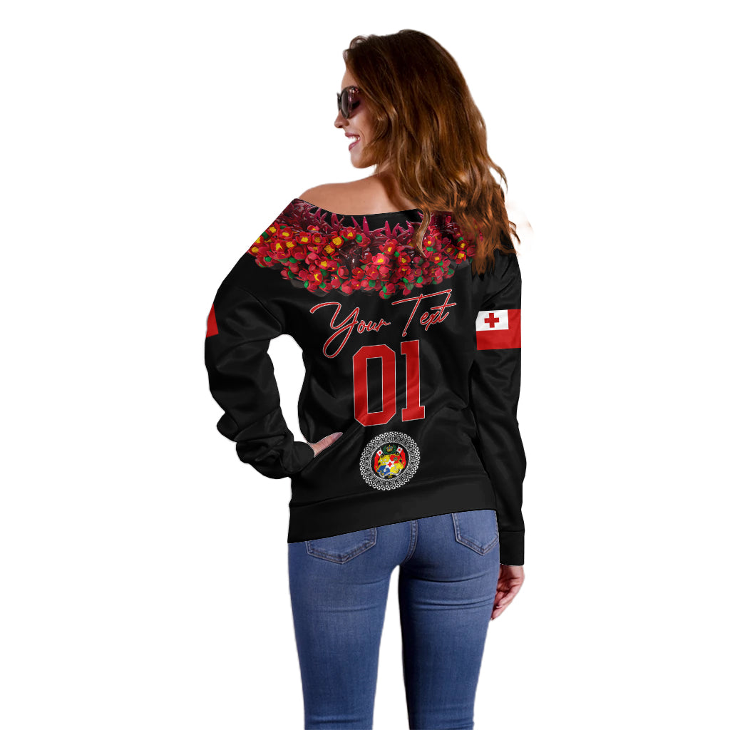 (Custom Personalised) Tonga Emancipation Day Off Shoulder Sweater Independence Day - Unique Kahoa Heilala Flower - Black LT8 - Polynesian Pride