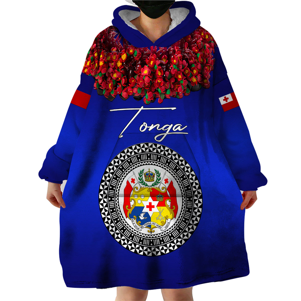 (Custom Personalised) Tonga Emancipation Day Wearable Blanket Hoodie Independence Day - Unique Kahoa Heilala Flower - Blue LT8 - Polynesian Pride