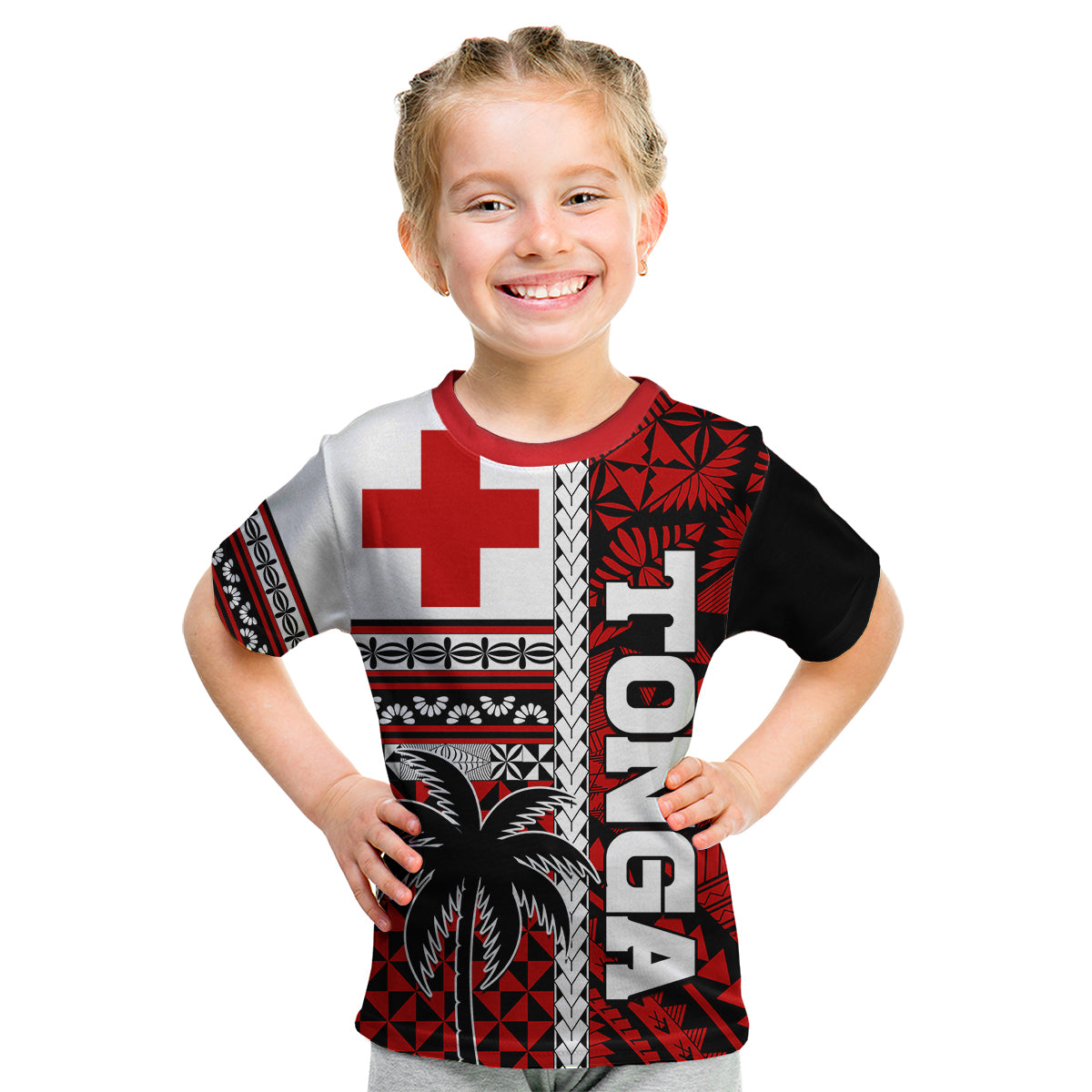 Tonga Kupesi Ngatu Kid T-Shirt - Proud Tonga Flag and Palm Tree LT9 Youth XL Size14 - Polynesian Pride