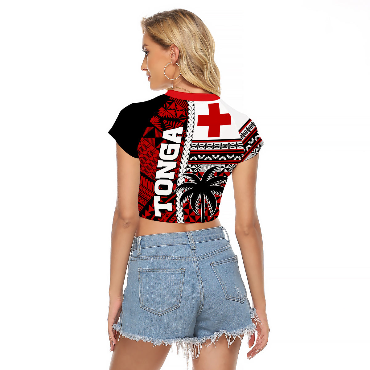 Tonga Kupesi Ngatu Raglan Cropped T Shirt Proud Tonga with Flag and Palm Tree LT9 - Polynesian Pride