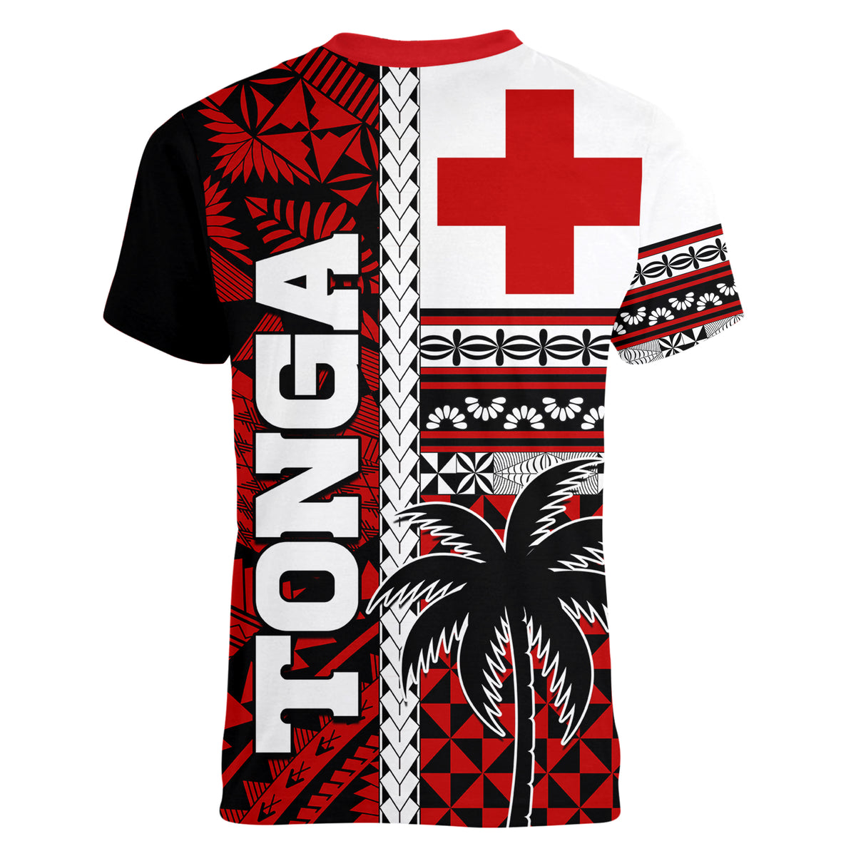 Tonga Kupesi Ngatu Women V Neck T Shirt Proud Tonga with Flag and Palm Tree LT9 - Polynesian Pride