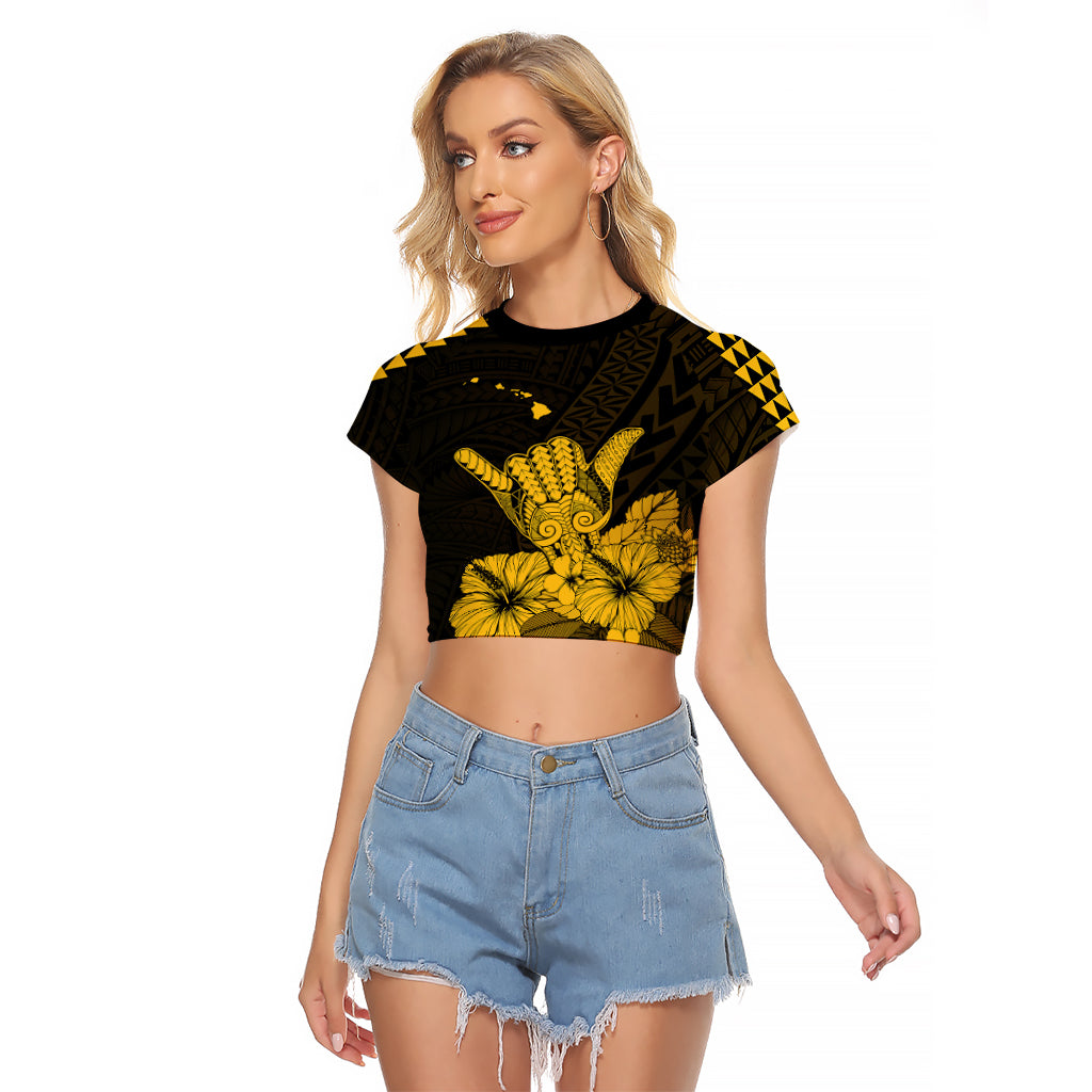 Hawaii Shaka Sign Raglan Cropped T Shirt Gold Version LT9 Female Gold - Polynesian Pride