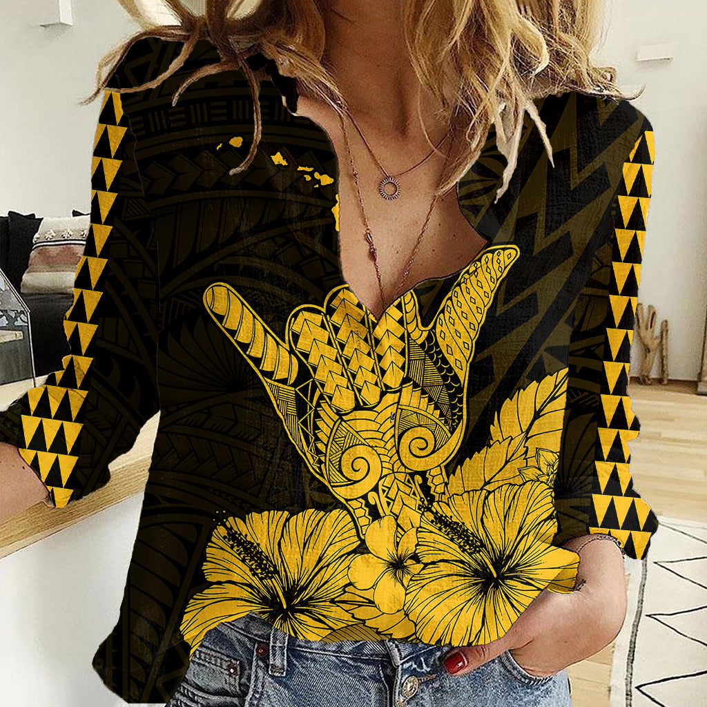Hawaii Shaka Sign Women Casual Shirt Gold Version LT9 Female Gold - Polynesian Pride