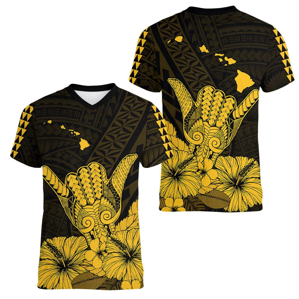 Hawaii Shaka Sign Women V Neck T Shirt Gold Version LT9 Female Gold - Polynesian Pride