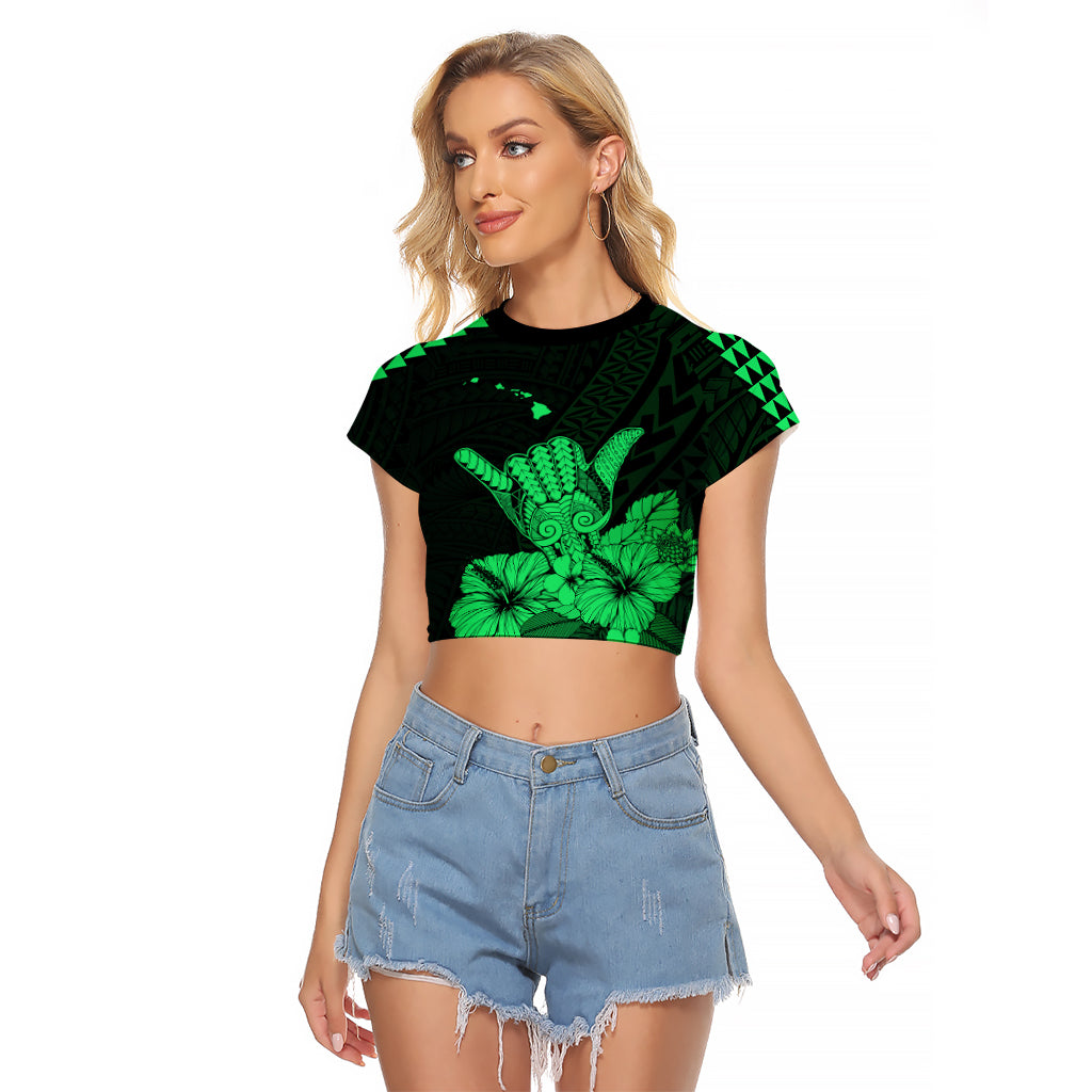 Hawaii Shaka Sign Raglan Cropped T Shirt Green Version LT9 Female Green - Polynesian Pride