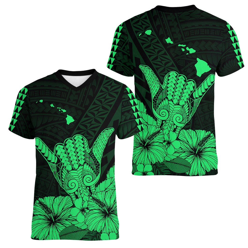 Hawaii Shaka Sign Women V Neck T Shirt Green Version LT9 Female Green - Polynesian Pride